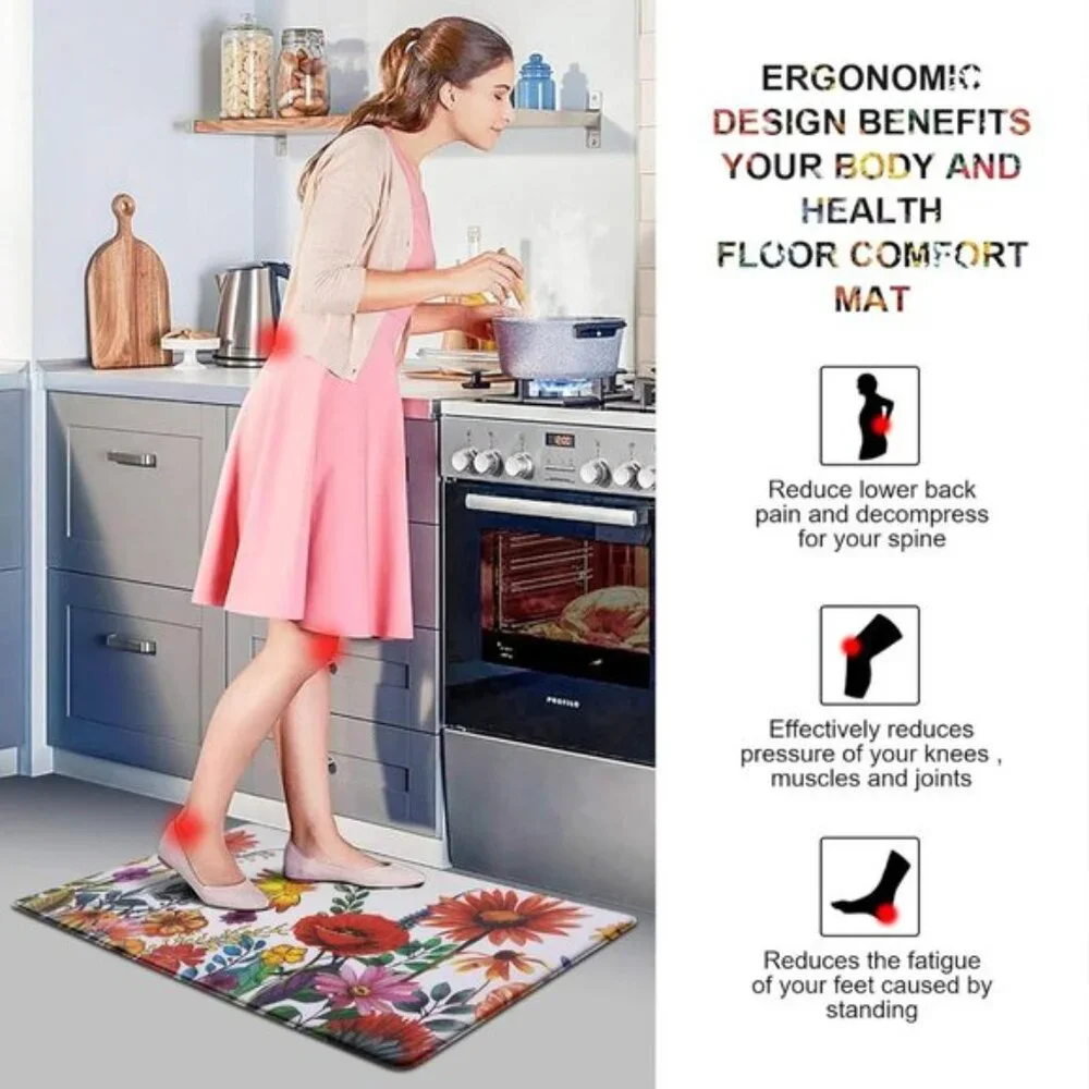 New Set of 2 White Floral Kitchen Mat, Anti-Fatigue, Cushioned, Non-Slip Mats